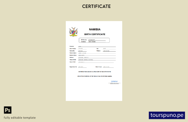 listo para imprimir certificado de nacimiento de Namibia Plantilla en Word y PDF